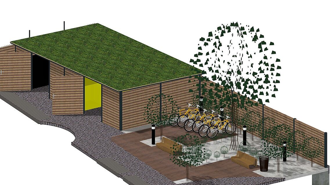 Entwurfszeichnung für ein Müllhaus mit Gründach.